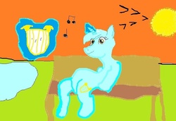 Size: 720x496 | Tagged: safe, lyra heartstrings, g4, bench, female, lyre, ms paint, music notes, sitting, sitting lyra, solo