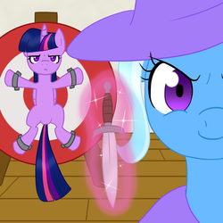 Size: 1000x1000 | Tagged: safe, artist:howlsinthedistance, trixie, twilight sparkle, alicorn, pony, g4, bondage, female, knife, magic, mare, spread eagle, twilight sparkle (alicorn)