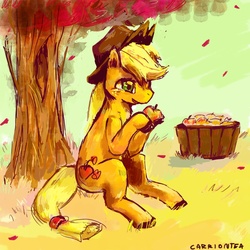 Size: 1000x1000 | Tagged: safe, artist:carriontea, applejack, g4, apple, female, obligatory apple, sitting, solo, tree