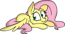 Size: 1281x678 | Tagged: safe, artist:strangiesleepy, fluttershy, g4, female, looking away, looking sideways, lying down, prone, simple background, solo, spread wings, transparent background