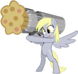Size: 6055x5765 | Tagged: source needed, useless source url, safe, artist:maximillianveers, derpy hooves, pony, g4, absurd resolution, bipedal, cannon, cannon ponies, muffin, muffin cannon, muffin launcher, simple background, tongue out, transparent background, vector