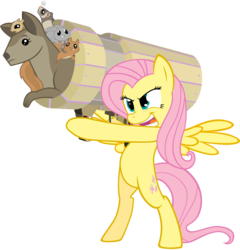 Size: 3000x3126 | Tagged: dead source, safe, artist:maximillianveers, fluttershy, chipmunk, ferret, kangaroo, pony, rabbit, squirrel, g4, animal, bipedal, cannon, cannon ponies, female, simple background, solo, transparent background, vector
