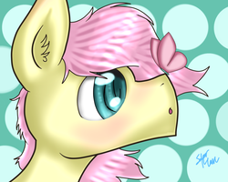 Size: 1250x1000 | Tagged: safe, artist:solarflarepony, fluttershy, butterfly, g4, adorascotch, butterfly on nose, butterscotch, cute, insect on nose, rule 63, rule63betes, solo