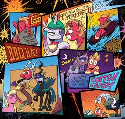 Size: 553x524 | Tagged: safe, artist:andypriceart, idw, big macintosh, discord, fleetfoot, lily, lily valley, princess celestia, princess luna, queen chrysalis, tealove, twilight sparkle, earth pony, pegasus, pony, vulture, g4, spoiler:comic, spoiler:comic10, adventure in the comments, behaving like a bird, big macintosh gets all the mares, cheek kiss, clothes, comic, costume, cotton candy, disguise, feed bag, female, food, hoofwrestle, kissing, log, male, mare, peanuts, puffy cheeks, ship:fleetmac, ship:lunamac, shipping, smuglestia, stallion, teamac