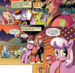 Size: 580x570 | Tagged: safe, artist:andy price, idw, official comic, alicante, big macintosh, bittersweet (g4), cheerilee, fleetfoot, observer (g4), peachy pie, question mark (g4), tealove, earth pony, pegasus, pony, g4, zen and the art of gazebo repair, spoiler:comic, spoiler:comic10, background pony, behaving like a cat, big macintosh gets all the mares, bristling fur, butt, catfight, facehoof, female, fence, fringe, hissing, jack skellington, katie cook, male, mare, plot, ponified, pumpkin prince pony, spaceballs the tag, stallion, the nightmare before christmas, unnamed character, unnamed pony