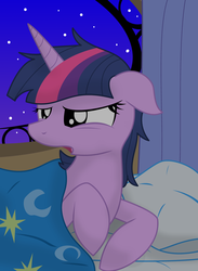 Size: 3000x4103 | Tagged: safe, artist:dazed-and-wandering, twilight sparkle, ambiguous race, pony, g4, bed, bed mane, blanket, female, floppy ears, in bed, messy mane, night, pillow, solo