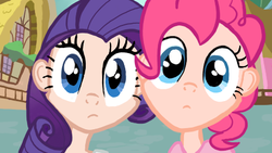 Size: 460x259 | Tagged: safe, artist:thecheeseburger, pinkie pie, rarity, human, g4, the ticket master, close-up, duo, humanized, scene interpretation