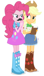 Size: 790x1340 | Tagged: safe, artist:dm29, applejack, pinkie pie, equestria girls, g4, clipboard, duo, fake moustache, simple background, transparent background