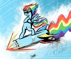 Size: 1189x1000 | Tagged: safe, artist:coin-trip39, rainbow dash, g4, female, missile, rainbow, riding, rocket, solo, sunglasses