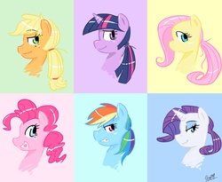 Size: 1261x1032 | Tagged: safe, artist:coin-trip39, applejack, fluttershy, pinkie pie, rainbow dash, rarity, twilight sparkle, g4, alternate hairstyle, bust, mane six, ponytail, profile, pun