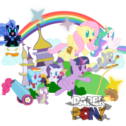 Size: 1278x1278 | Tagged: safe, applejack, derpy hooves, fluttershy, nightmare moon, pinkie pie, princess celestia, rainbow dash, rarity, spike, twilight sparkle, alicorn, earth pony, frog, pegasus, pony, unicorn, g4, cannon, castle, crossover, male, mane seven, mane six, mario, nintendo, paper, paper mario, parody, party cannon, pony cannonball, rainbow, simple background, species swap, super mario bros., transparent background, video game, wand