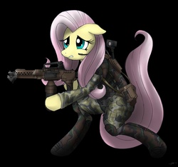 Size: 1070x1000 | Tagged: safe, artist:mirapony, fluttershy, alien, pegasus, pony, g4, boots, camouflage, clothes, female, gun, mare, marine, military, military pony, military uniform, parody, shoes, soldier, soldier pony, solo, uniform, weapon