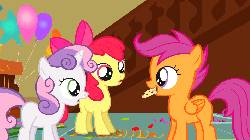 Size: 960x540 | Tagged: safe, screencap, apple bloom, scootaloo, sweetie belle, earth pony, pony, call of the cutie, g4, animated, balloon, confetti, cookie, cutie mark crusaders, female, gif, laughing