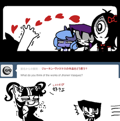 Size: 636x642 | Tagged: safe, twilight sparkle, ask gothtwi, g4, chibi luna, crossover, gaz membrane, invader zim, iris (ruby gloom), japanese, ruby gloom, tumblr