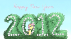 Size: 865x480 | Tagged: safe, artist:shiaran, posey, earth pony, pony, g1, 2012, askposey, blue background, bow, female, flower, hair bow, happy new year, holiday, new year, simple background, solo, topiary, tumblr