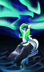 Size: 900x1477 | Tagged: safe, artist:varaann, oc, oc only, merpony, aurora borealis, looking up, night, ocean, rock, smiling, solo