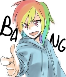 Size: 600x700 | Tagged: artist needed, source needed, safe, rainbow dash, human, g4, bang, clothes, female, hoodie, humanized, solo