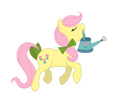 Size: 775x656 | Tagged: safe, artist:shiaran, posey, earth pony, pony, g1, askposey, bow, chin up, eyes closed, female, hair bow, mouth hold, simple background, solo, tail bow, trotting, tumblr, watering can, white background