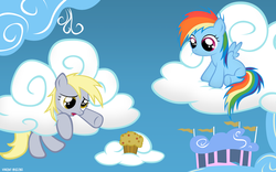 Size: 1920x1200 | Tagged: safe, artist:symbianl, derpy hooves, rainbow dash, g4, cloud, cloudsdale, cloudy, female, filly, filly derpy, filly rainbow dash, muffin, stuck, stuck in a cloud, younger