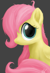 Size: 1280x1840 | Tagged: safe, artist:symbianl, fluttershy, pegasus, pony, g4, bust, female, filly, filly fluttershy, folded wings, gray background, hair over one eye, looking at you, portrait, simple background, solo, three quarter view, wings, younger