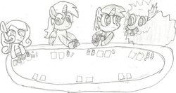 Size: 1024x543 | Tagged: safe, artist:pika-robo, oc, oc only, oc:fluffle puff, oc:littlepip, oc:snowdrop, oc:ticket, alicorn, pegasus, pony, unicorn, fallout equestria, alicorn oc, black and white, clothes, crossover, fanfic, fanfic art, female, grayscale, horn, jumpsuit, mare, monochrome, pipbuck, poker, poker night at the inventory, sketch, traditional art, vault suit, wings