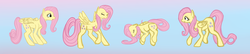 Size: 2687x580 | Tagged: safe, artist:versimer, fluttershy, g4, cute, eyes closed, female, frown, gradient background, on side, open mouth, raised hoof, raised leg, sleeping, smiling, solo, spread wings, walking