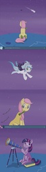 Size: 650x2398 | Tagged: safe, artist:shiaran, posey, twilight sparkle, oc, oc:star chaser, earth pony, pegasus, pony, unicorn, ask filly twilight, g1, g4, askposey, bow, colored wings, comic, female, filly, filly twilight sparkle, flying, hair bow, night, shooting star, stargazing, tail bow, telescope, tumblr, unicorn twilight, younger