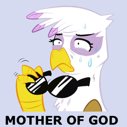 Size: 500x500 | Tagged: safe, artist:crashman101, gilda, griffon, g4, caption, female, mother of god, reaction image, solo, sunglasses, sweat