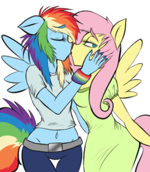 Size: 791x908 | Tagged: safe, artist:blup-chan, fluttershy, rainbow dash, anthro, g4, belly button, clothes, dress, female, kissing, lesbian, midriff, ship:flutterdash, shipping, short shirt, simple background, t-shirt, thick eyebrows, transparent background
