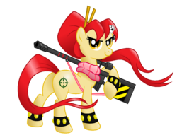 Size: 1024x812 | Tagged: safe, artist:aleximusprime, pony, butt, gun, looking at you, plot, ponified, simple background, solo, tengen toppa gurren lagann, transparent background, yoko littner