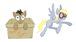 Size: 1350x750 | Tagged: safe, artist:thecheeseburger, derpy hooves, doctor whooves, time turner, pegasus, pony, g4, box, cardboard box, duo, female, glasses, mare