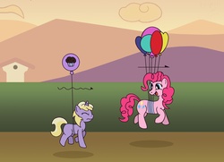 Size: 3000x2170 | Tagged: safe, artist:gogglesparks, dinky hooves, pinkie pie, g4, balloon, balloon walking, floating, muffin, then watch her balloons lift her up to the sky