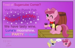 Size: 1351x876 | Tagged: safe, artist:gogglesparks, dinky hooves, ruby pinch, pony, unicorn, g4, advertisement, bowtie, clothes, drink, female, filly, foal, hoof hold, horn, jewelry, looking at each other, looking at someone, necklace, open mouth, profile, sitting, speech bubble