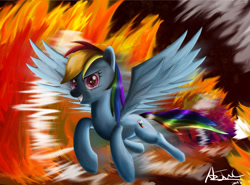 Size: 1280x946 | Tagged: safe, artist:ajvl, rainbow dash, g4, female, fire, looking at you, solo