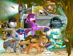 Size: 2200x1700 | Tagged: dead source, safe, artist:berrypawnch, applejack, berry punch, berryshine, bon bon, derpy hooves, dj pon-3, doctor whooves, lyra heartstrings, octavia melody, sweetie drops, time turner, vinyl scratch, earth pony, pegasus, pony, unicorn, back to the future, background pony, background pony applejack, background six, barrel, bass cannon, bon bon riding lyra, bubble, car, carrot on a stick, cello, crazy face, crossover, delorean, doctor who, drool, female, fence, grass, hand, hand fetish, hat, leaves, lyra doing lyra things, male, mare, mr.fusion, musical instrument, octavia riding dj pon 3, ponies riding ponies, ponies riding ponies riding bass cannons, race, riding, running, running of the leaves, sign, sombrero, sonic screwdriver, stallion, the doctor, time machine, tree