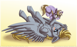 Size: 900x559 | Tagged: safe, artist:inuhoshi-to-darkpen, dinky hooves, oc, pegasus, pony, unicorn, fanfic:the life and times of a winning pony, winningverse, g4, filly, hooves in air, lying down, on back, playing dead, tongue out