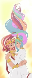 Size: 352x853 | Tagged: safe, artist:zoe-productions, princess celestia, human, g4, beard, clothes, dress, facial hair, female, humanized, intertwined tails, male, prince solaris, rule 63, self paradox, selfcest, ship:solarestia, shipping, sitting on lap, straight