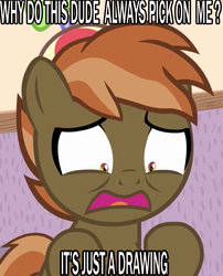 Size: 601x743 | Tagged: safe, button mash, earth pony, pony, g4, colt, drama crap, foal, hat, hooves, image macro, male, odiz, open mouth, propeller hat, solo, text, wat