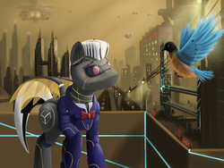 Size: 1600x1200 | Tagged: safe, artist:boomythemc, oc, oc only, oc:ruhig fortepiano, android, bird, robot, city, science fiction