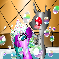 Size: 1600x1600 | Tagged: safe, oc, oc only, changeling, bathing, bathtub, blushing, bubble, strategically covered