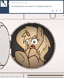Size: 700x850 | Tagged: safe, artist:biscuitpone, oc, oc only, oc:custard cream, pony, unicorn, ask custard cream, animated, d:, frown, open mouth, scared, solo, spinning, tumblr, washing machine