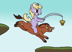 Size: 1024x734 | Tagged: safe, artist:gogglesparks, dinky hooves, warthog, g4, carrot on a stick, muffin, riding