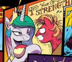 Size: 600x517 | Tagged: safe, idw, official comic, big macintosh, princess celestia, earth pony, pony, g4, spoiler:comic, spoiler:comic10, duo, hoofwrestle, male, needs more jpeg, smug, smuglestia, stallion