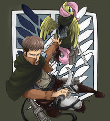 Size: 1024x1130 | Tagged: safe, artist:insanitylittlered, fluttershy, human, g4, anime, attack on titan, crossover, digital art, duo, jean kirschtein, survey corps