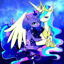 Size: 800x800 | Tagged: safe, artist:yuzuko, princess celestia, princess luna, g4, duo, hug, lying down, prone, royal sisters, siblings, sisters, winghug, wings