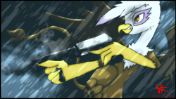 Size: 1920x1080 | Tagged: safe, artist:unitoone, gilda, griffon, g4, female, gun, rain, solo, trigger discipline, weapon