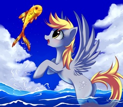 Size: 2555x2222 | Tagged: safe, artist:jacky-bunny, derpy hooves, fish, goldfish, pegasus, pony, g4, cloud, cloudy, female, mare, mummy red girl is red, mummy she pushed red, ocean, rugrats, solo, water