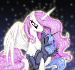Size: 1944x1808 | Tagged: safe, artist:helenasherzblut, princess celestia, princess luna, pony, g4, ^^, carrying, duo, eyes closed, happy, holding a pony, looking at someone, pink-mane celestia, royal sisters, siblings, sisters, smiling