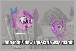 Size: 785x530 | Tagged: artist needed, safe, princess cadance, twilight sparkle, alicorn, pony, unicorn, g4, bed, bedtime story, book, cadance's bedtime stories, chair, duo, exploitable meme, filly, filly twilight sparkle, horn, image macro, looking up, meme, pillow, text, younger