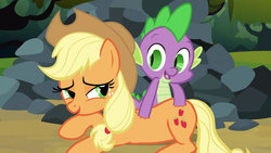Size: 1920x1080 | Tagged: safe, artist:dtkraus, edit, screencap, applejack, spike, dragon, earth pony, pony, g4, spike at your service, bedroom eyes, deep muscle massage, female, hand on butt, male, mare, rock, ship:applespike, shipping, straight, suggestive description, wat